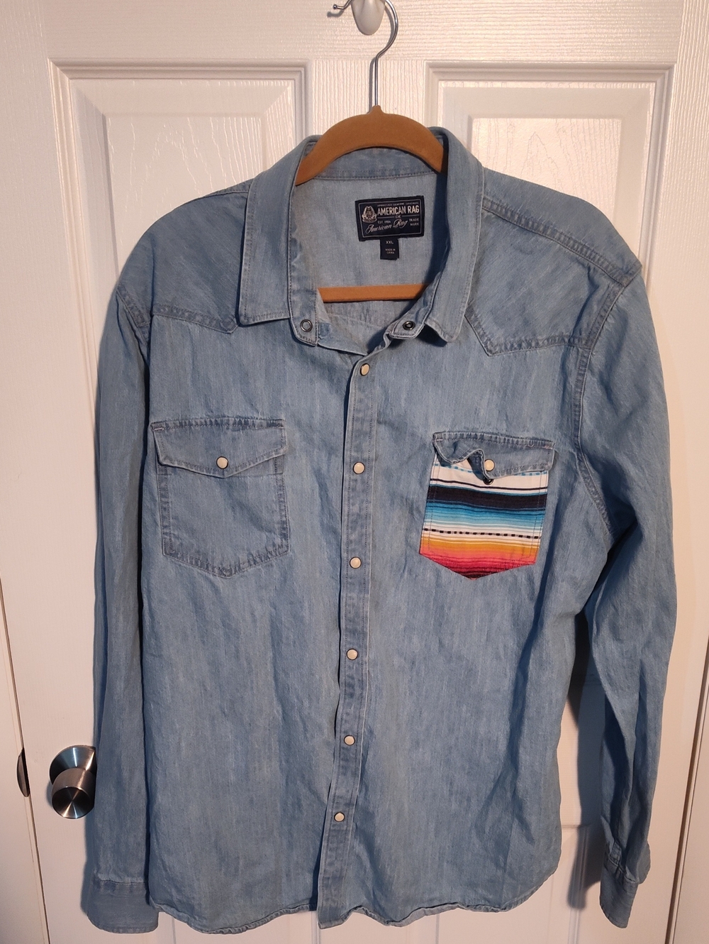 American Rag Light Blue Denim Button-Up Shirt with Multicolor Striped Pocket